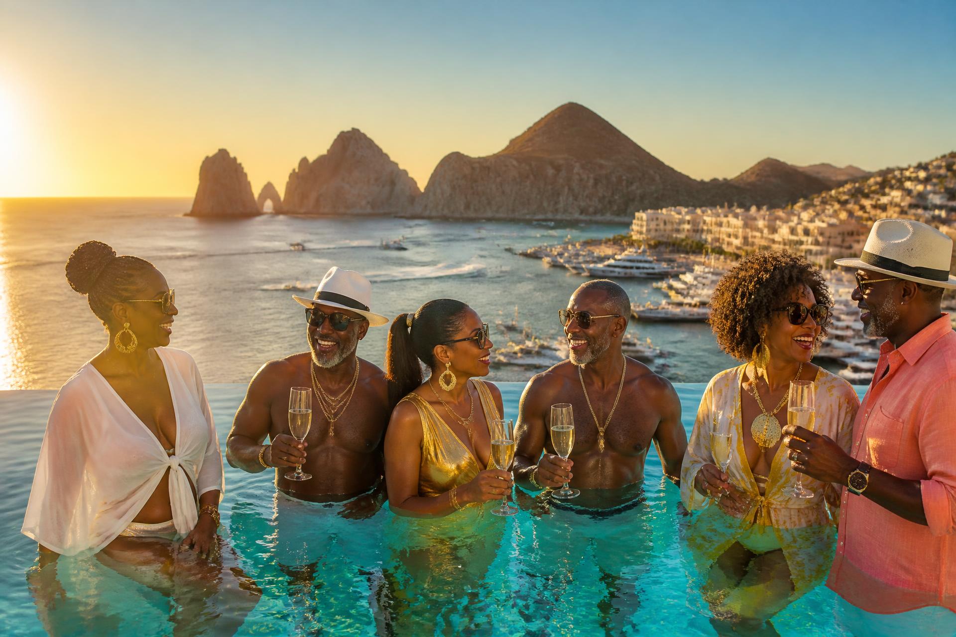 Friends celebrating Michelle’s birthday at a Cabo infinity pool