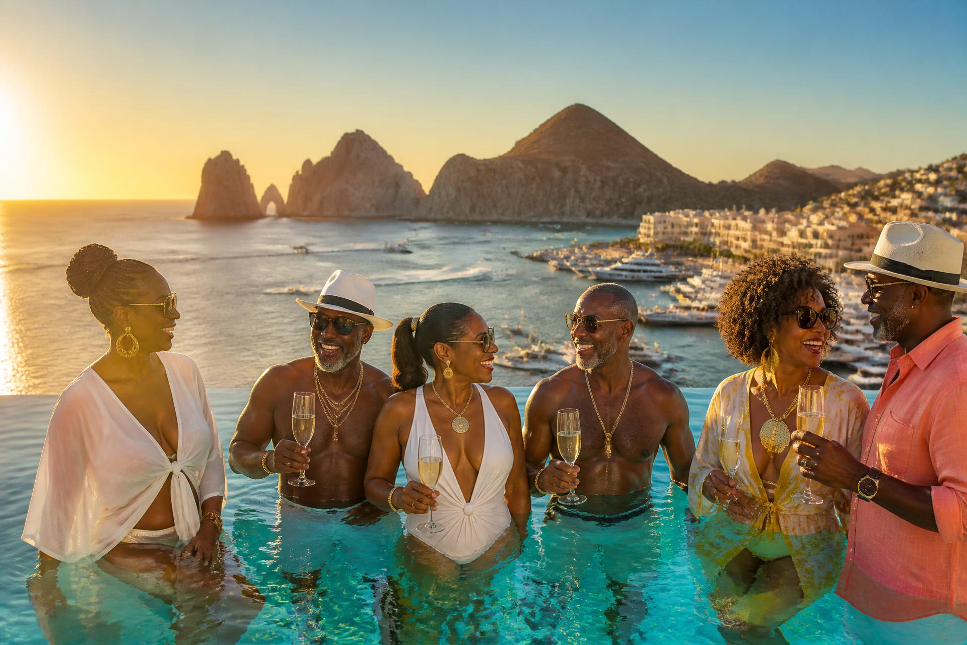 Friends celebrating in an infinity pool overlooking Cabo