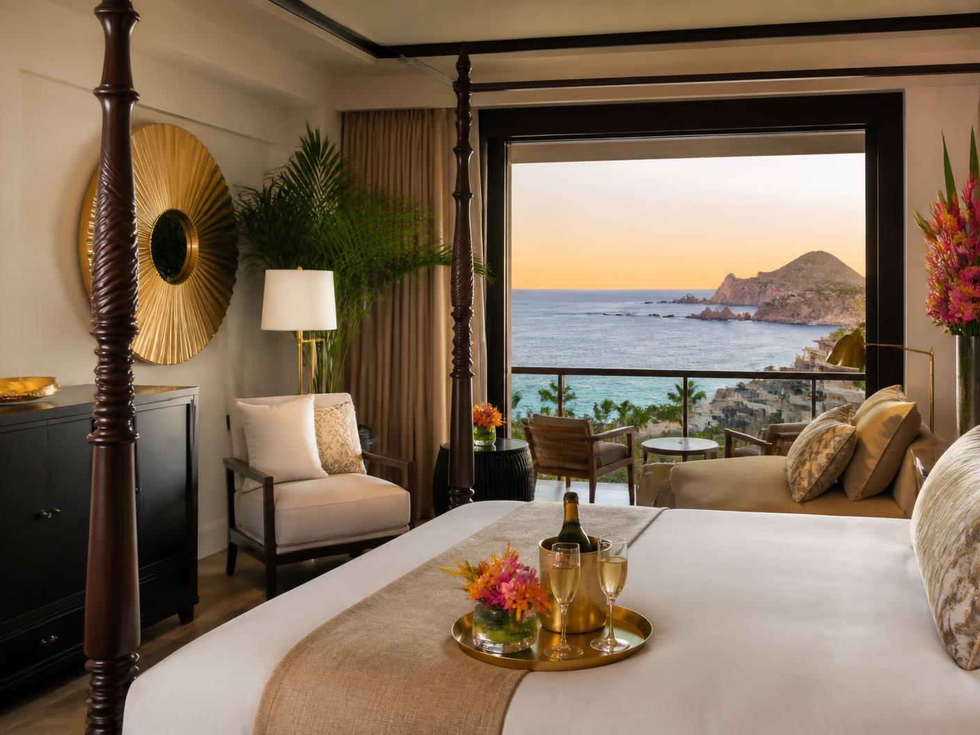 Ocean-view luxury suite with gold accents